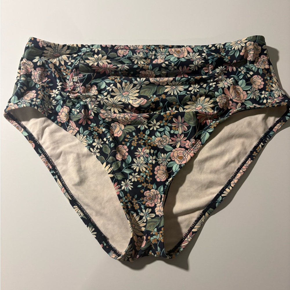 KONA SOL Large Floral Bikini Bottoms - Multicolor with navy background EUC